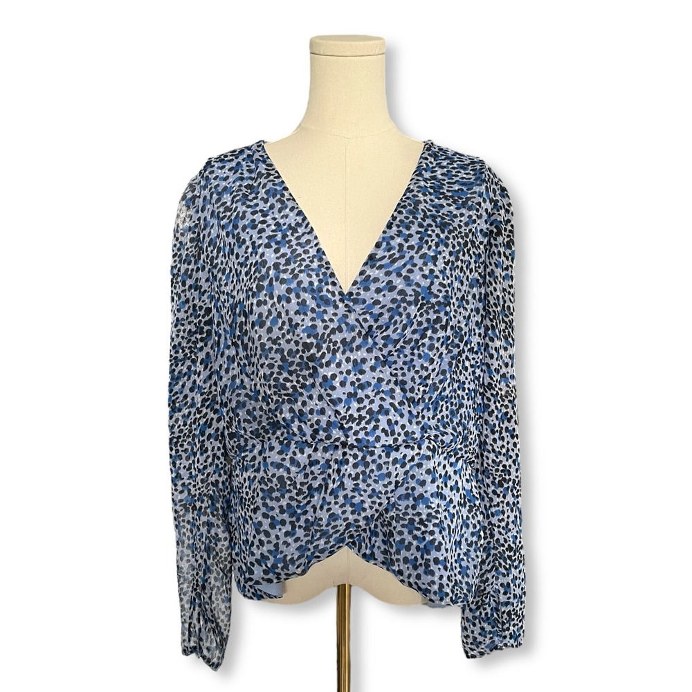 Express V-Neck Top Women Sz XL Blue Leopard Animal Print Lined Peplum Ruffle Hem